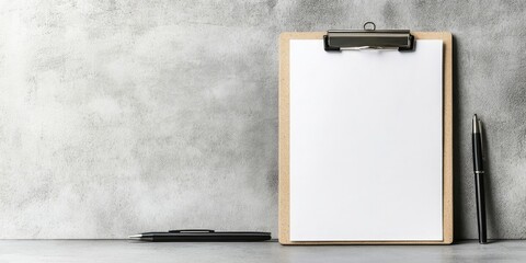 Poster - Content secretary with clipboard and pen beside a light grey wall, space for text.