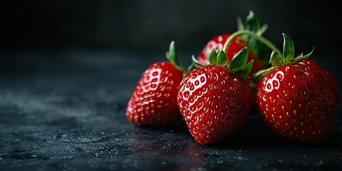Poster - Close-up of fresh strawberries set against a dark background for use in various media.