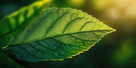 Aufkleber - Close-up of a green leaf in sunlight in the garden. Natural backdrop with copyspace.