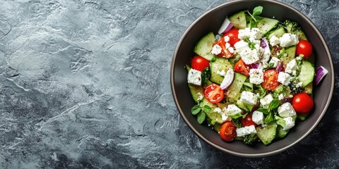 Poster - Fresh vegetable salad topped with feta cheese on a stone background.