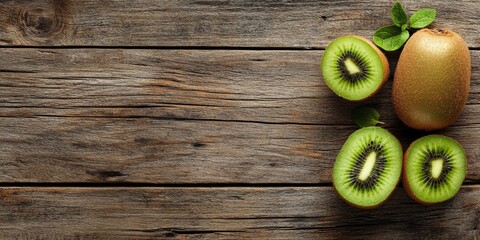 Aufkleber - Close-up and top view image of fresh kiwi fruit with a slice on a wooden background with copyspace.