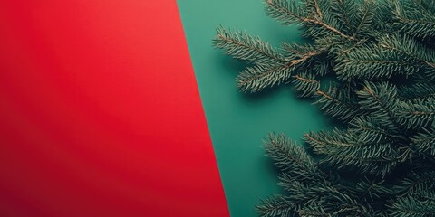 Fototapete - Christmas tree branch against a red and green background. Top view, flat lay. Copy space for text. Xmas arrangement.