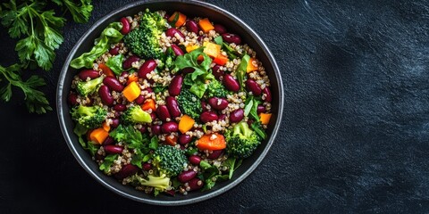 Canvas Print - Quinoa salad featuring broccoli, red beans, paprika, and greens. Superfood and healthy eating idea. Top view. Copy space.