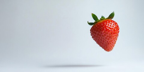 Poster - Red strawberry in flight on a white background. Copy space.