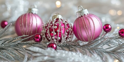 Wall Mural - Bright pink Christmas tree bauble ornaments on silver hair accessories