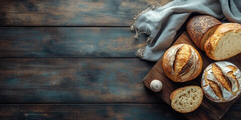Poster - Homemade bread and a loaf on a dark rustic wooden surface. Top view.