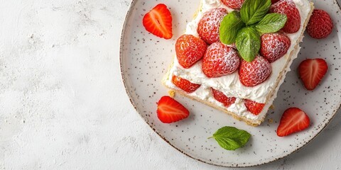 Poster - Strawberry dessert featuring layers of cream and mascarpone cottage cheese millefeuille Menu concept serving size. Food background top view copyspace for text keto or paleo diet organic.