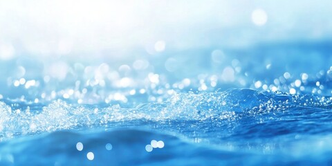 Aufkleber - Defocused, blurred, transparent blue water surface texture with splashes and reflections. Modern abstract nature background. Sunlit water waves with copyspace. Blue watercolor shimmer.