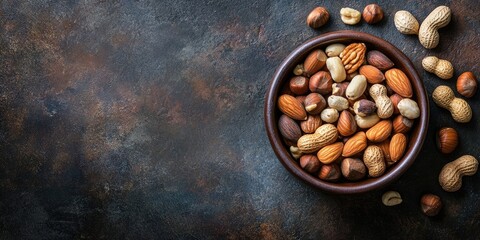 Poster - Variety of nuts in a clay bowl set against a dark rustic slate, stone, or concrete background.