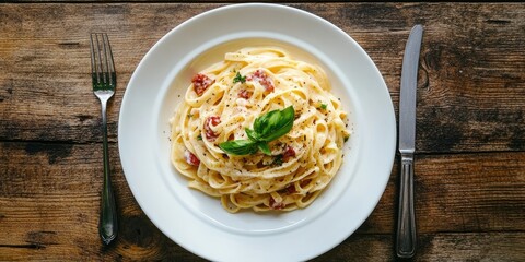 Poster - Classic Italian pasta carbonara on a white plate on a wooden tabletop, rustic style, top view copy space.