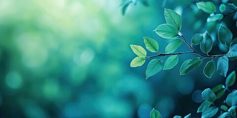 Poster - Abstract view of nature featuring leaves against a blurred blue-toned background with copy space, suitable for a natural green plants landscape, ecology, and fresh wallpaper concept.