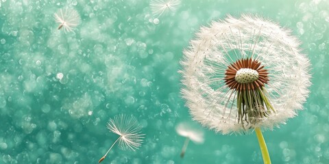 Fototapete - Dandelion with seeds set against a green background