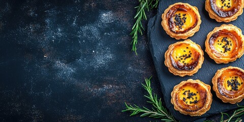 Poster - Pasteis de nata, traditional Portuguese egg tarts, arranged on a table. Top view with copy space.