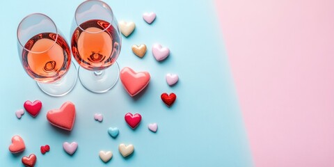 Aufkleber - Valentine's Day greeting card featuring wine glasses and candy hearts on a colored background. Top view with room for your messages. Flat lay.