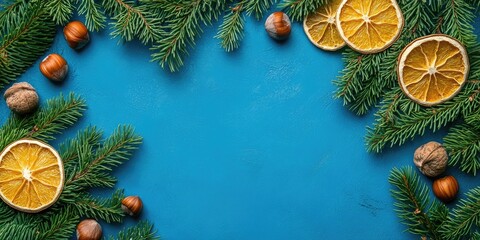 Poster - Green conifer branches with dried orange slices and hazelnuts on a blue background featuring copy space. Top view, flat lay.