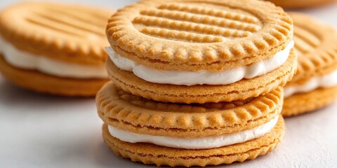 Poster - Close-up of sandwich biscuits filled with cream on a white background.