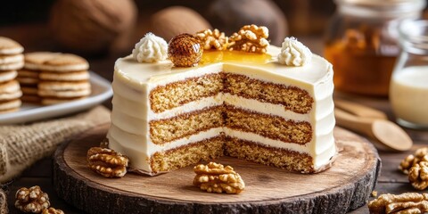 Poster - Honey, biscuit, and walnut cake. Variety of Confectionery Options.