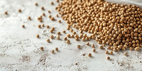 Poster - Coriander seeds placed on a textured white table. Ideal for recipe books, articles, or any cooking content, featuring copy space. Selective focus image.