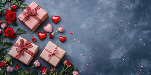 Poster - Valentine's Day flat lay arrangement featuring gifts and rose buds against a grey background. Flat lay, top view, copyspace.