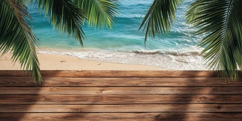 Poster - Vacation backdrop. Wooden slats with palm leaves on the shore.
