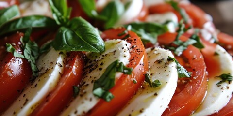Poster - Homemade Italian caprese salad featuring sliced tomatoes, mozzarella cheese, basil, olive oil, and salt.