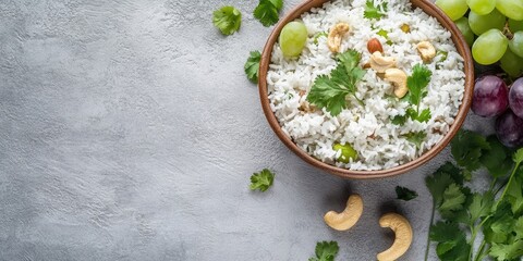 Aufkleber - Curd rice accompanied by cashews, grapes, and cilantro on a grey backdrop. Top view. Copy space. South Indian cuisine.