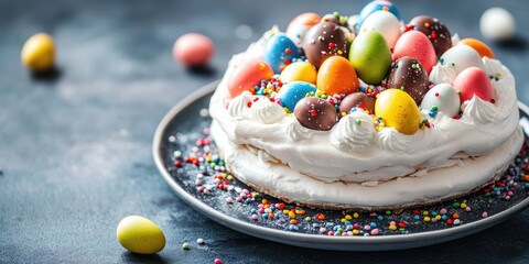 Poster - Pavlova cake adorned with colorful chocolate Easter egg candies. Selective focus Copy space