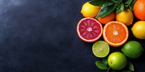 Poster - Fresh, juicy citrus fruits on a dark background. Blood oranges, navel oranges, and lime.
