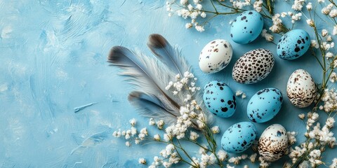 Poster - Easter creative card featuring blue-painted quail eggs, feathers, and gypsophila flowers in a flat lay composition, with strong lighting and harsh shadows, including copy space.