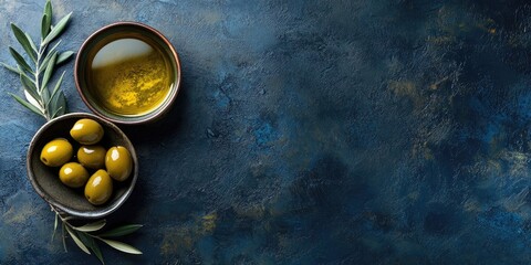 Aufkleber - Olive oil in a bowl alongside olives from a top view, with copy space.