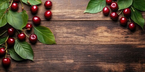 Poster - Sweet cherry berries with leaves on a wooden table. Top view with copy space.