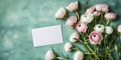 Poster - Trendy banner for Valentine's Day, International Women's Day, or Mother's Day. Invitation for a party or wedding featuring an arrangement of Eustoma flowers and a blank card on a green background.