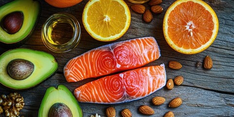 Poster - Concept of healthy food antioxidant products: fish and avocado, nuts and fish oil, grapefruit on a wooden surface.