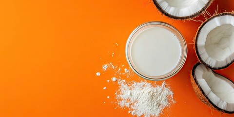 Aufkleber - Coconut milk in powder form mixed with water in a glass, lactose-free milk against an orange and white backdrop, vertical orientation, top view, copy space.