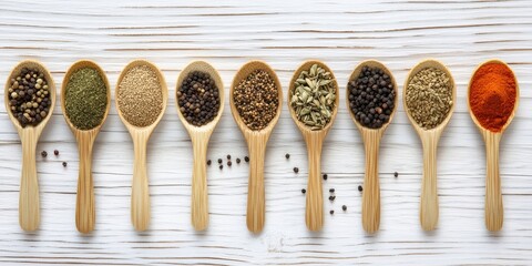 Poster - Decorative semicircle of various spices in bamboo spoons on a white wooden background, top view, close-up.