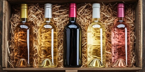 Aufkleber - Collection of 250 ml bottles of red, pink, and white wine in a box filled with wooden shavings, unlabeled. Alcohol beverage set for gifting or celebrations.