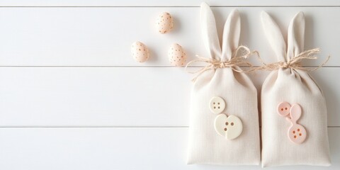 Poster - Decoration. Canvas gift bags with buttons shaped like a hare on a white background. Easter card. Copyspace.