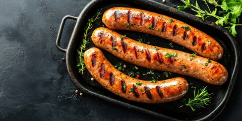 Poster - Grilled bratwurst sausages on a metal tray with herbs. Black background. Top view. Copy space.