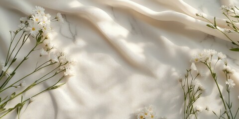 Aufkleber - Postcard mockup featuring flowers, soft fabric, and marble. Ideal for presentations, flatlay, and more.