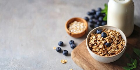 Aufkleber - A bowl of oat granola sits on a wooden board beside a glass bottle of milk and blueberries. This represents a healthy breakfast and proper nutrition. Space for text.