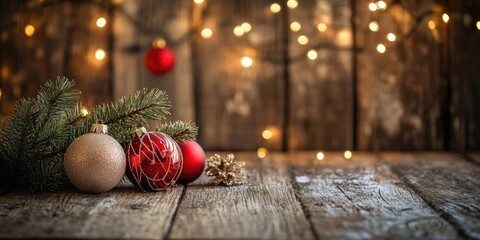 Aufkleber - Christmas backdrop featuring ornaments, twinkling lights, and a pine branch on a rustic wooden surface.