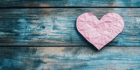 Aufkleber - blank heart-shaped paper on a wooden background with copy space, Valentine's backdrop