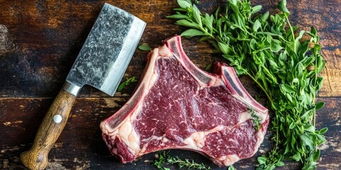 Poster - Raw dry-aged T-bone steaks for grilling alongside fresh herbs and a cleaver.