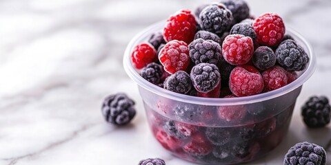 Poster - Frozen berry mix in a plastic container on a marble surface. Selective focus.