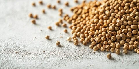 Poster - Coriander seeds placed on a textured white table. Ideal for recipe books, articles, or any cooking content, featuring copy space. Selective focus image.