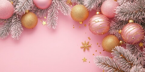 Poster - Pink Christmas featuring golden decorations. New Year card mockup.