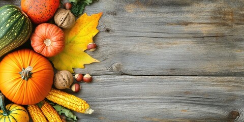 Poster - Autumn background. Arrangement of pumpkin, zucchini, and corn on a yellow and green leaf, accompanied by chestnuts and walnuts on aged wooden boards. Copyspace for text.