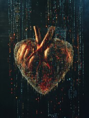 Aufkleber - The human heart is intricately surrounded by vibrant digital code, symbolizing the fusion of technology and biology in contemporary life. Generative AI