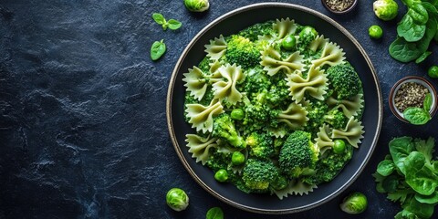Aufkleber - Vegan farfalle pasta in a spinach sauce with broccoli, brussels sprouts, and green beans served on a plate against a dark stone background. Top view, flat lay. Vegetarian dish.