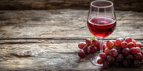 Poster - A glass of wine and grapes on a weathered wooden table.